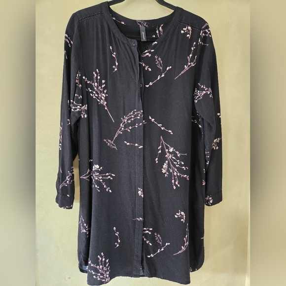 Soyaconcept | Black Floral Button-Front Tunic Top w/ Pink Branch Print, Size S - Picture 2 of 10
